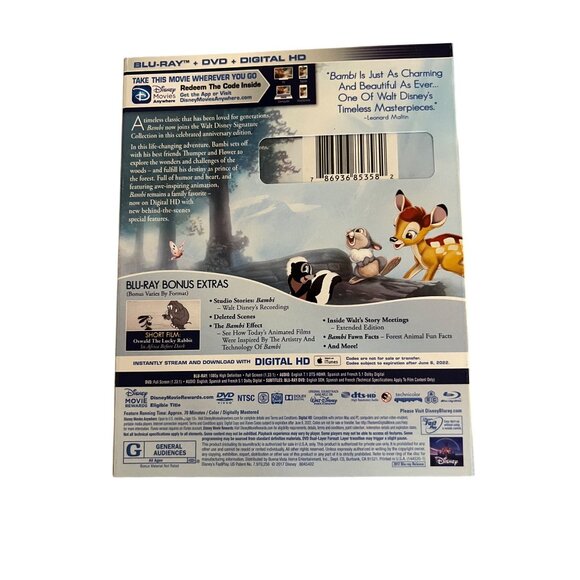 Bambi Blu-Ray DVD 2017 Anniversary Edition Disney Animated Movie Pre-Owned - Picture 4 of 4
